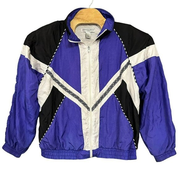 Vintage 90s Amanda Smith Purple Aztec Shoulder Pad Nylon Track Jacket Womens XL - Picture 1 of 5